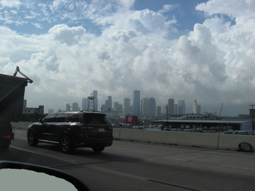 The Houston skyline as seen from a highway